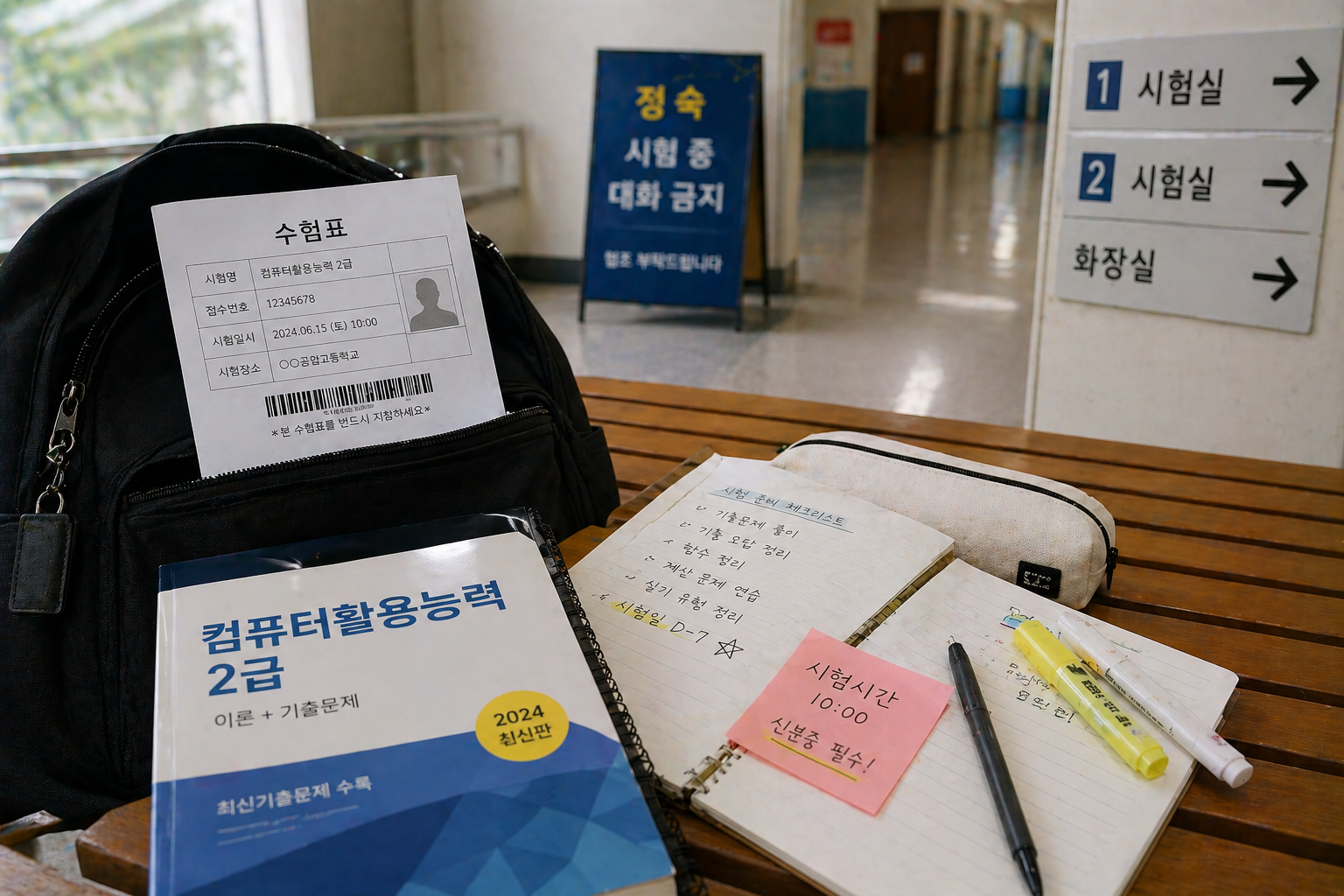 시험장 복도에서 자격증 수험표와 준비물을 확인하는 사진