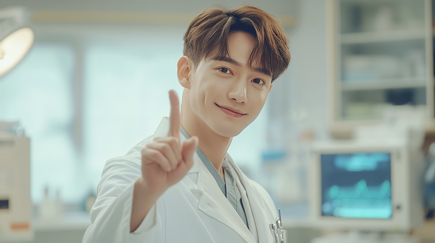 동안피부를 자랑하는 피부과 의사가 설명하고 있는 이미지