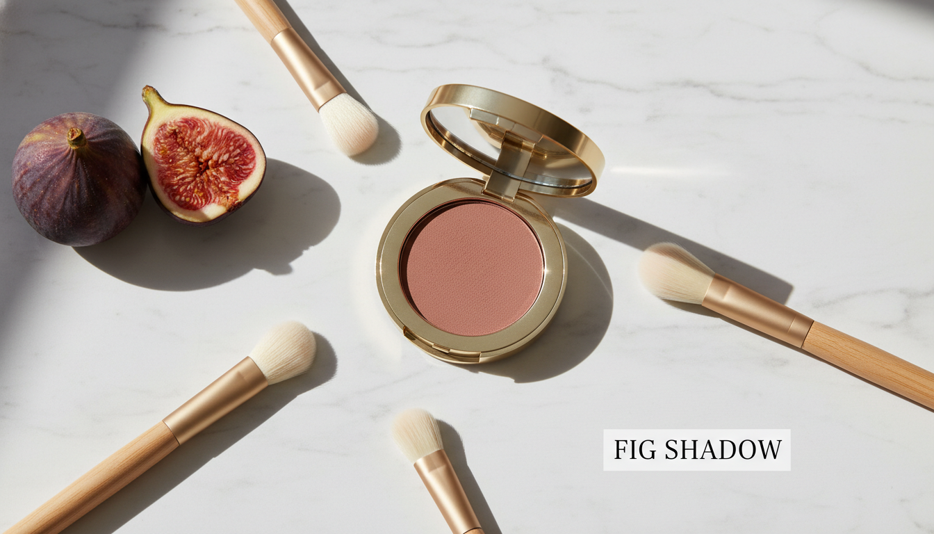 맥 무화과 섀도우 단품과 신선한 무화과, 메이크업 브러쉬가 놓인 감성적인 뷰티 연출컷