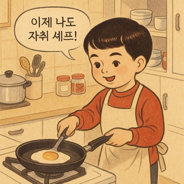 자취방 주방에서 요리하는 모습