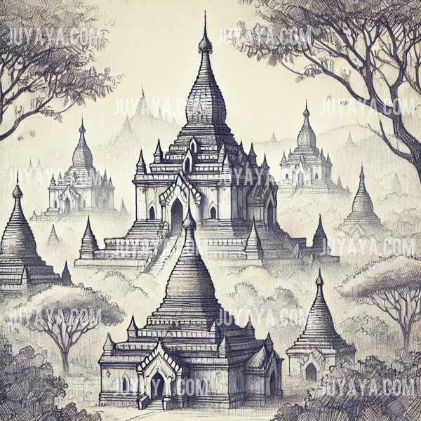 미얀마 바간의 고대 사원을 자연스러운 연필 선으로 묘사한 스케치 이미지.