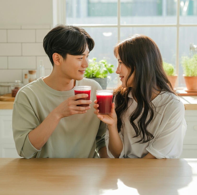 디톡스 주스 마시는 가족 이미지