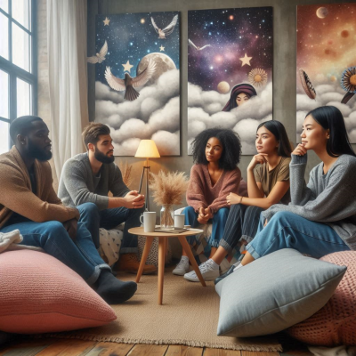 사람들이 편안한 소파에 앉아 꿈에 대해 이야기하는 모습.