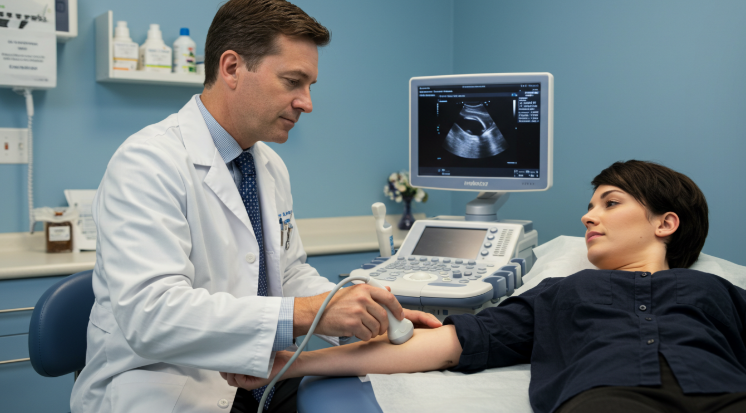 의사가 환자의 팔꿈치를 진단하는 모습, 초음파 장비와 함께, 전문적인 의료 환경