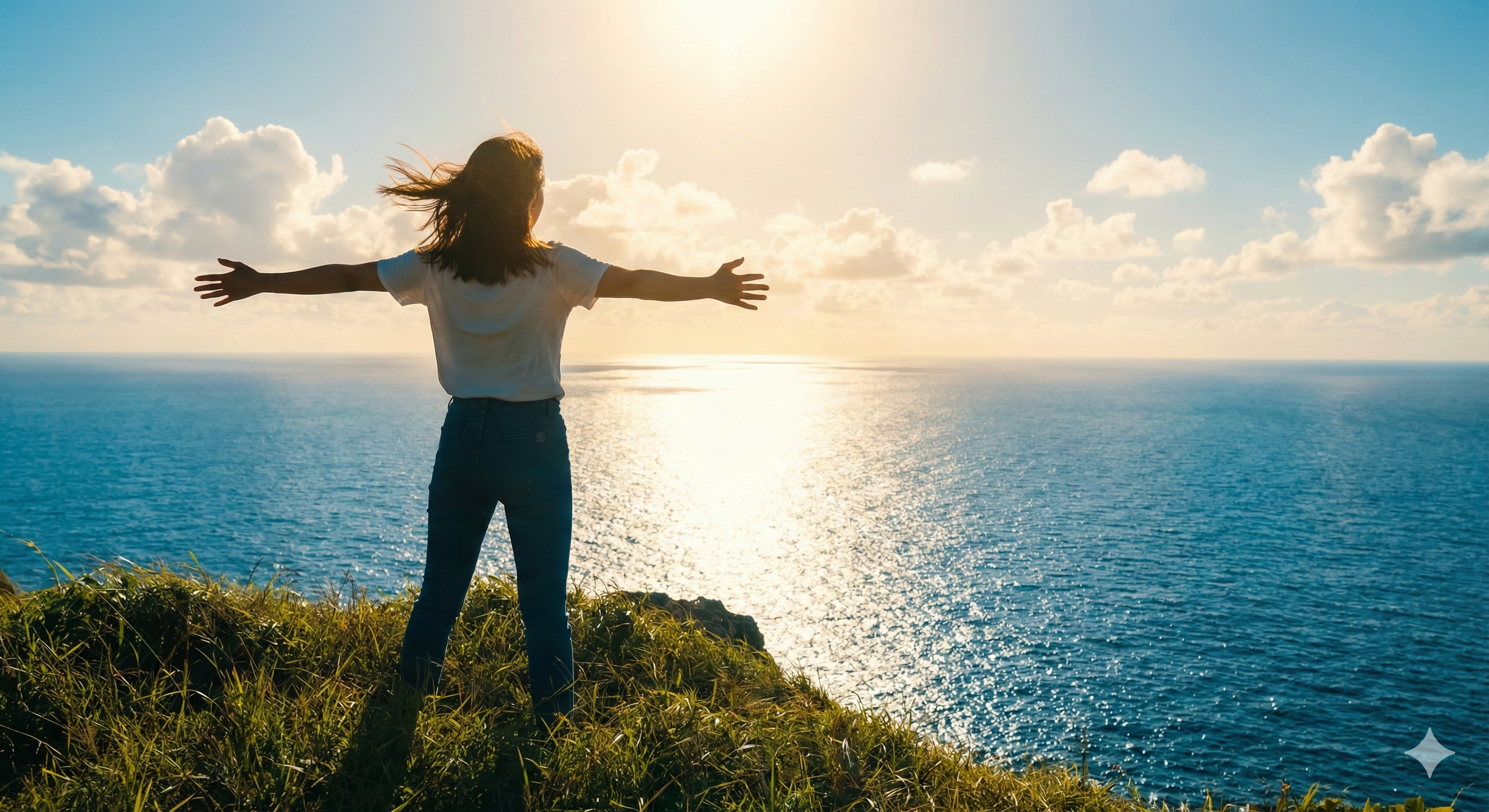 푸른 바다가 내려다보이는 언덕 위에서 아침 해를 맞이하며 두 팔을 벌리고 있는 희망찬 청년의 뒷모습