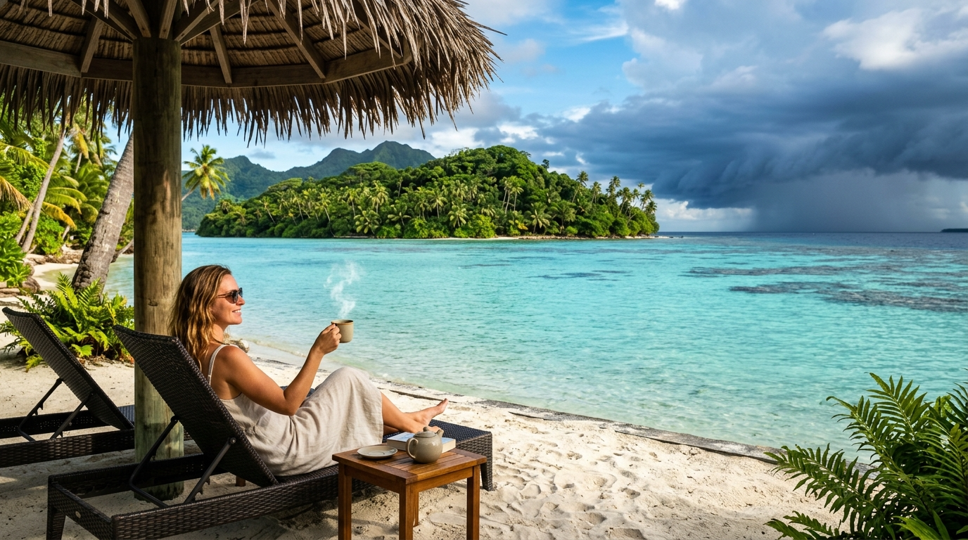 거친 시장의 파도를 넘어 평화로운 은퇴의 섬에 도착해 여유롭게 인삼 차를 마시는 투자자의 이미지