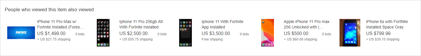 eBay에 등록된 포트나이트가 설치된 중고 아이폰 매물들