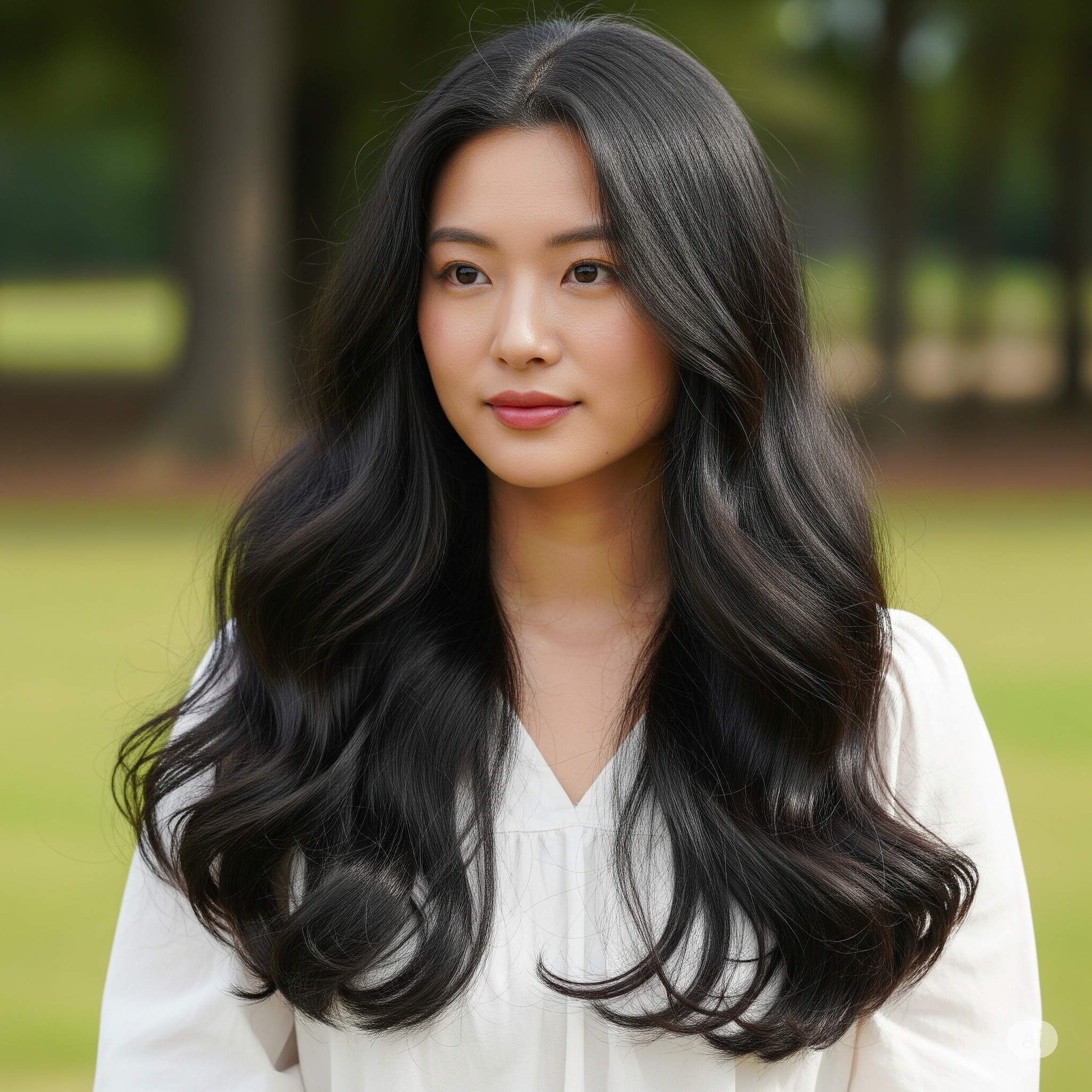 자연스럽게 윤기 흐르는 레미헤어의 질감을 잘 보여주는 이미지 (예: 긴 머리 웨이브 스타일