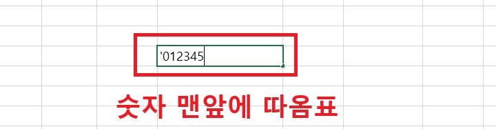 엑셀 숫자 앞에 따옴표 기재한 것 보임