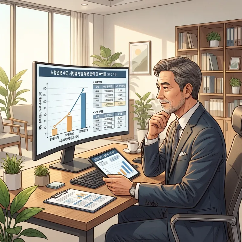 노령연금 수급 시점을 분석하는 전문가와 통계 그래프 이미지