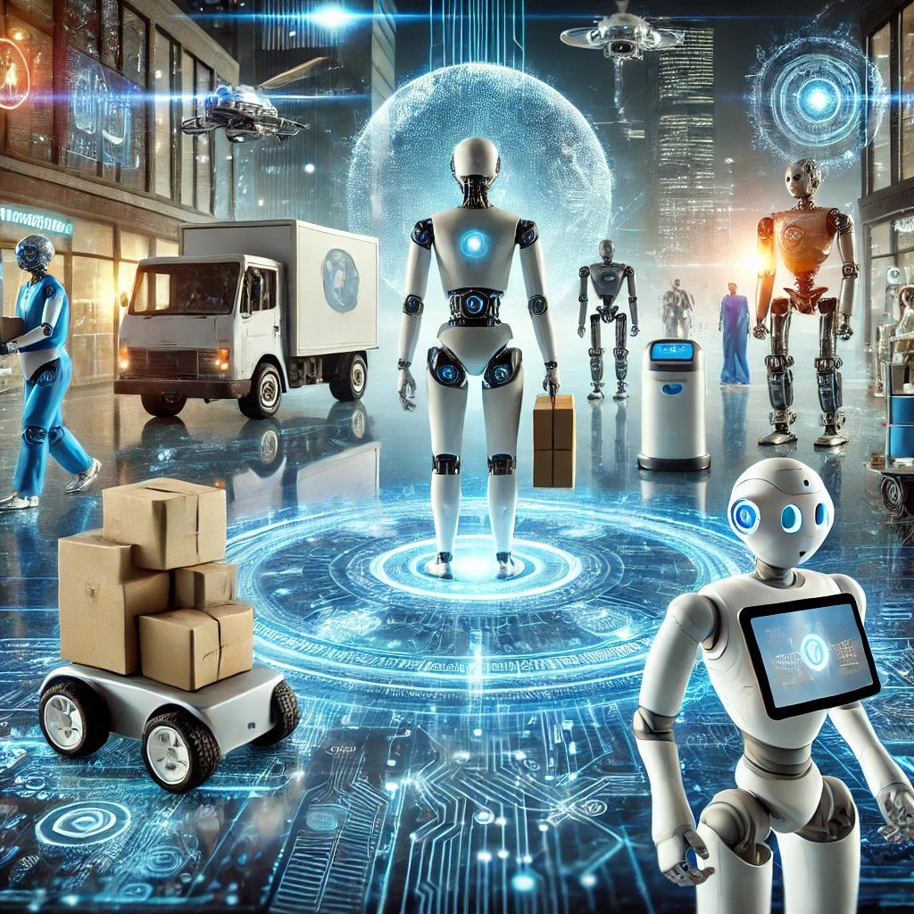 자율주행 로봇, 협업 로봇(Cobots), 의료 로봇이 다양한 분야에서 활용되는 모습