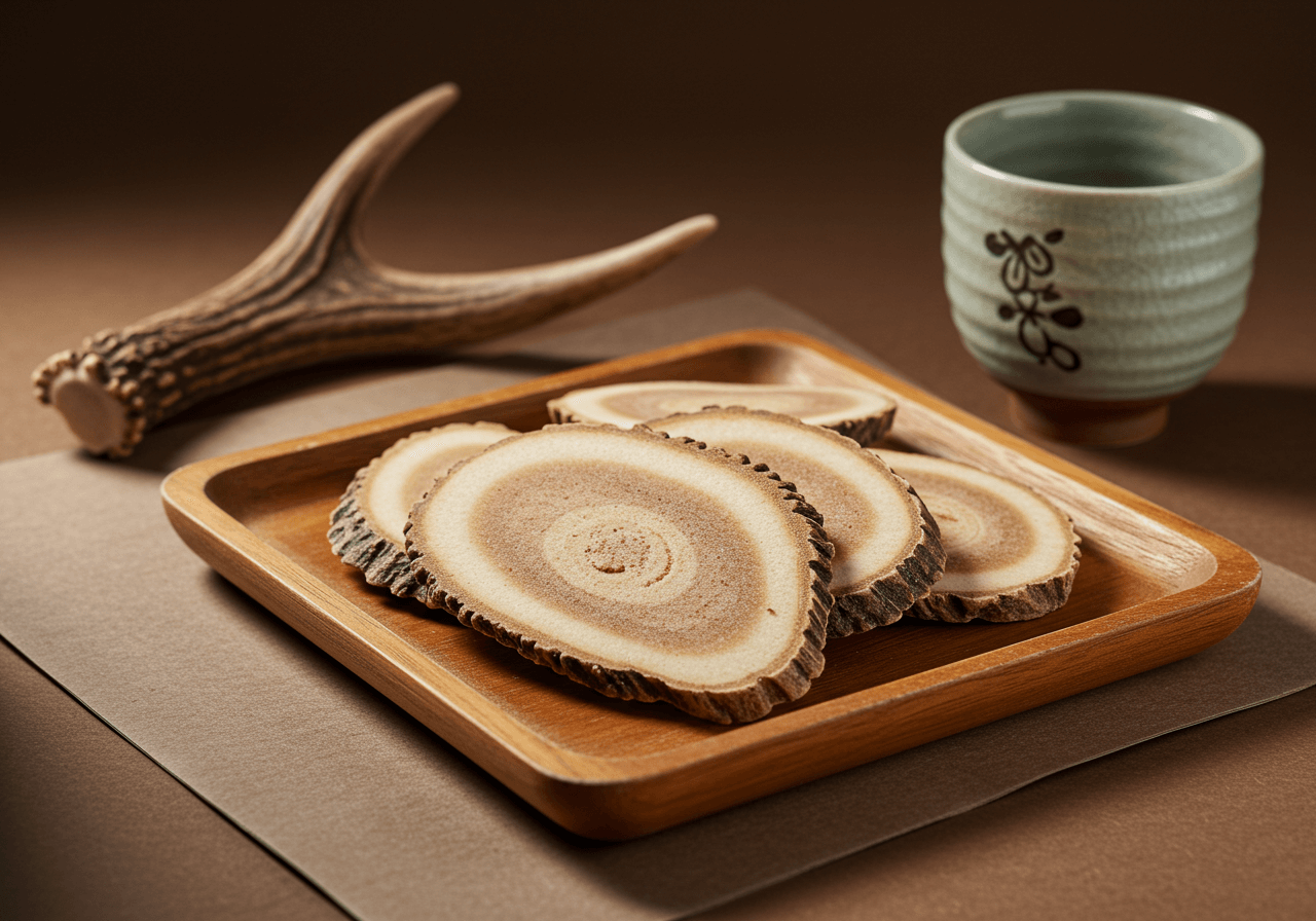 녹용 절편 클로즈업 정물 사진, 나무 트레이와 한지 배경