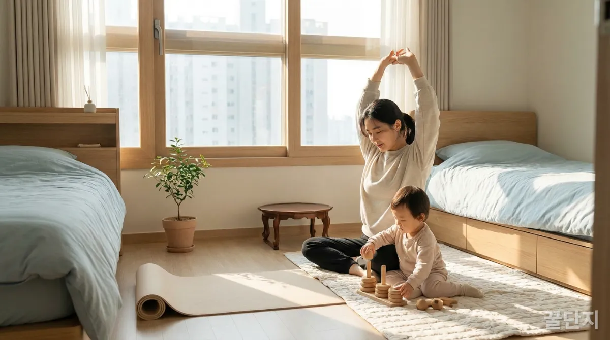 한국 엄마가 집에서 간단한 스트레칭으로 스트레스를 관리하는 모습