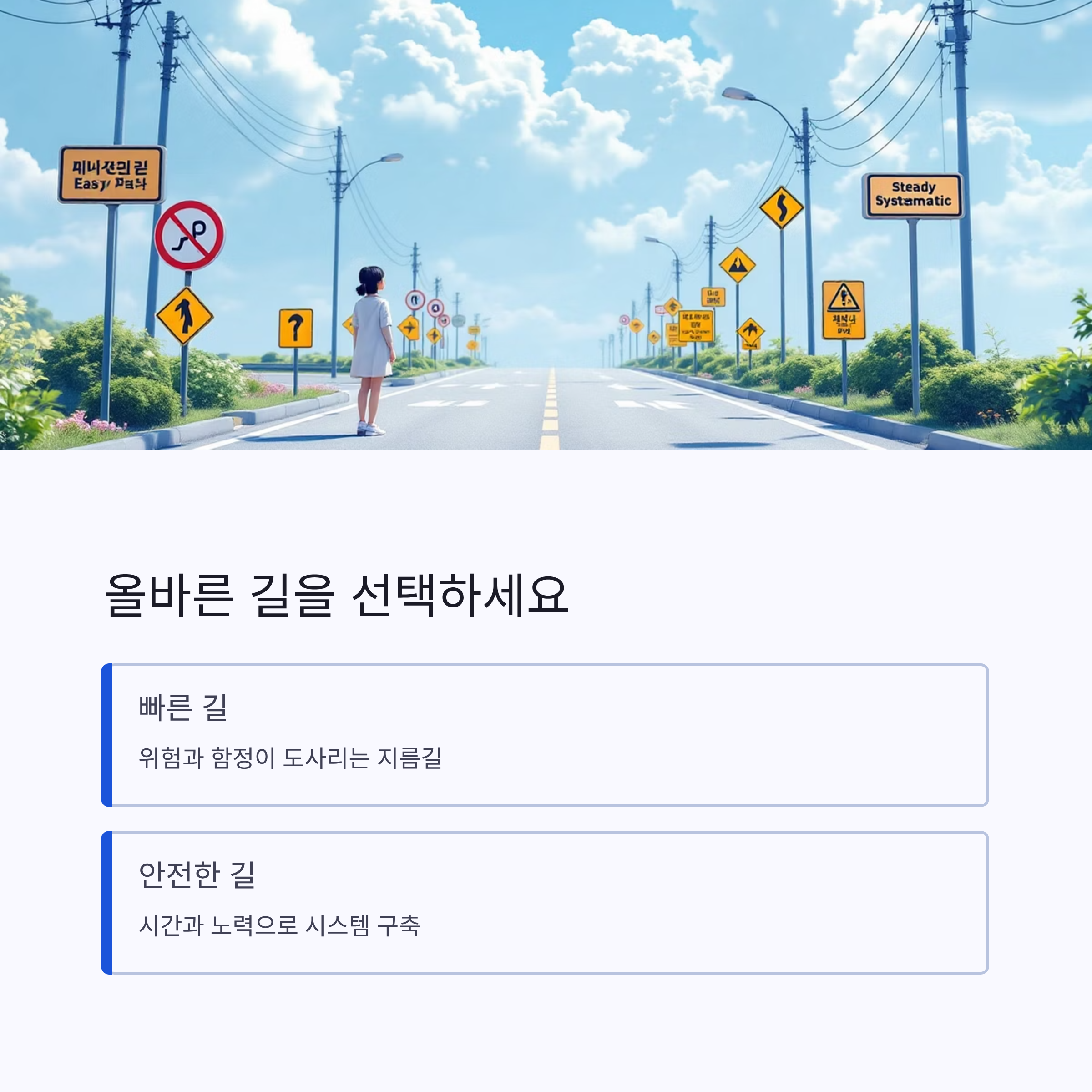 패시브 인컴을 시작하는 초보자가 피해야 할 위험한 함정을 보여주는 갈림길 일러스트