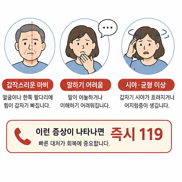 뇌경색 후 갑작스러운 마비, 말하기 어려움, 시야나 균형 이상이 나타나면 즉시 119에 연락해야 함을 안내한 이미지