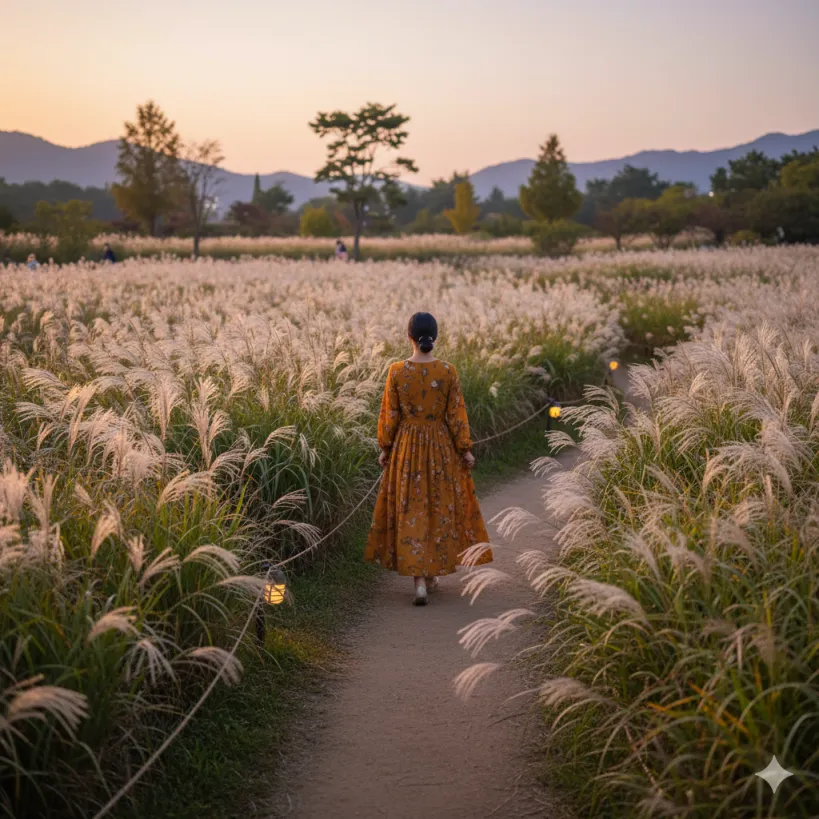 가평 아침고요수목원 억새길을 걷는 여성
