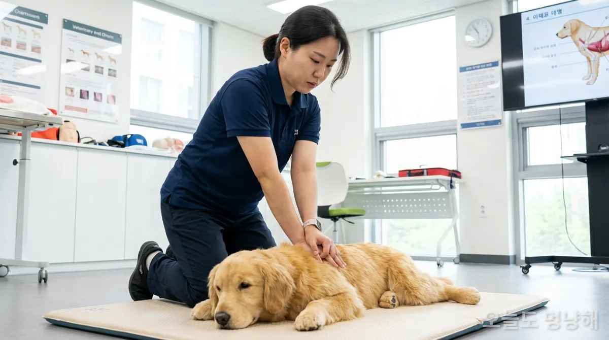 반려동물 심폐소생술(CPR)을 시연하는 한국인 보호자