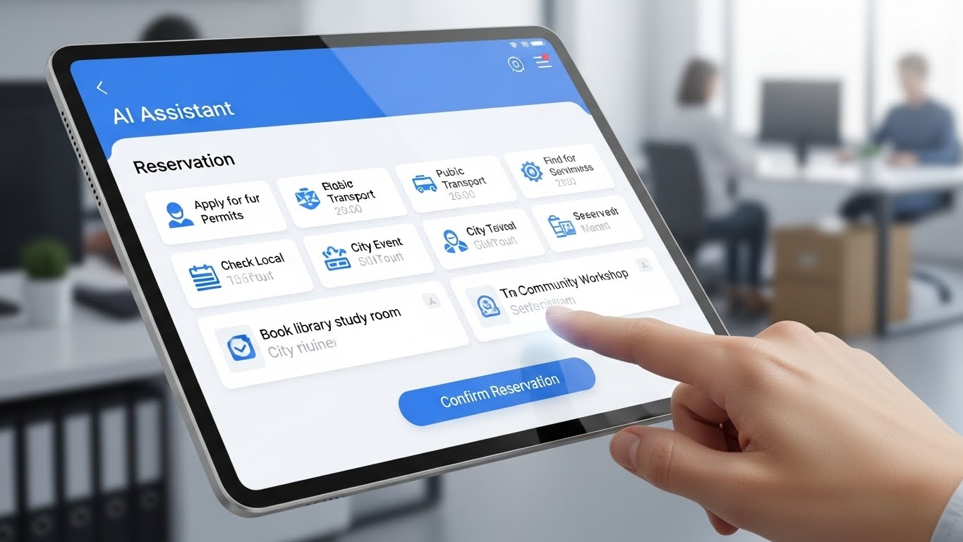 서초 AI전트의 깔끔한 사용자 인터페이스로, 민원 정보 검색과 예약 기능을 보여주는 태블릿 화면. 손가락이 화면을 터치하고 있다.