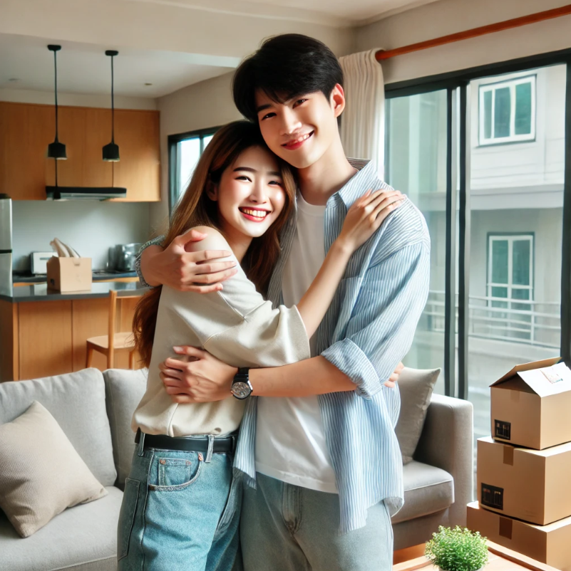 신혼부부가 새 아파트 거실에서 행복하게 포옹하며 새로운 출발을 축하하는 모습