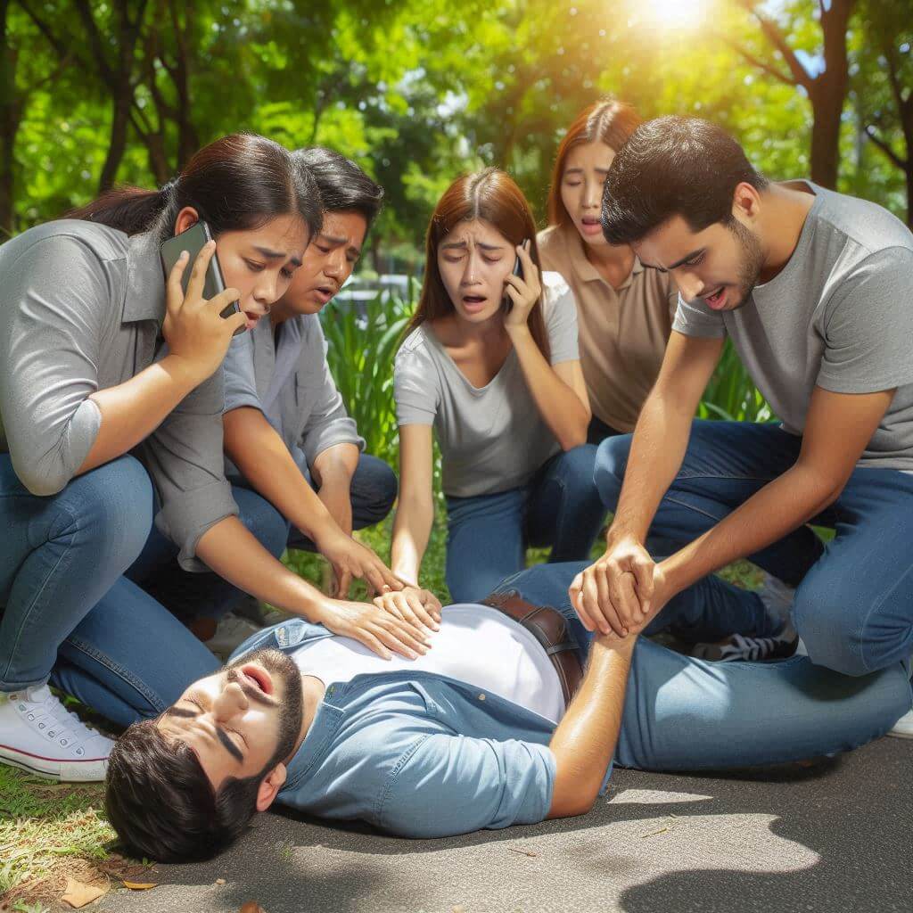 발작으로 쓰러진 남성을 응급조치하는 사람들