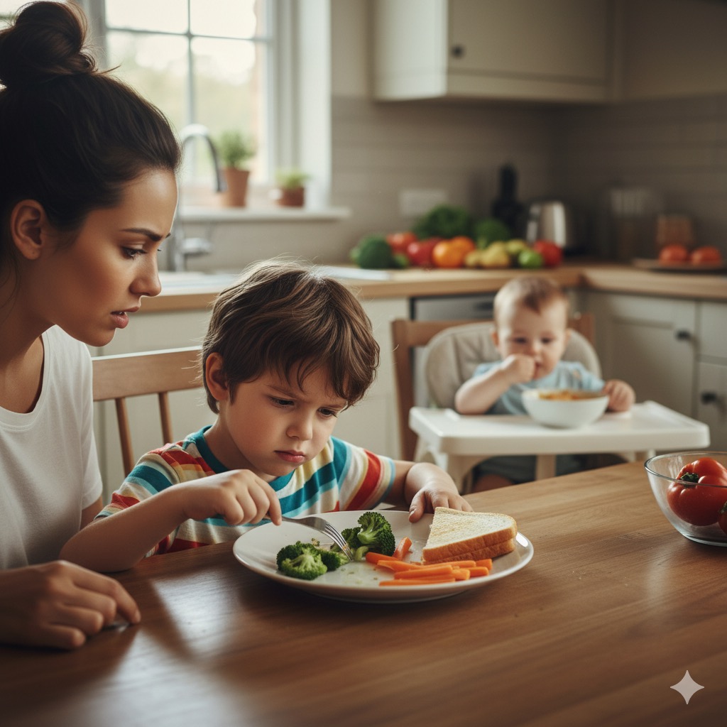 채소를 편식 하는 아이의 모습
