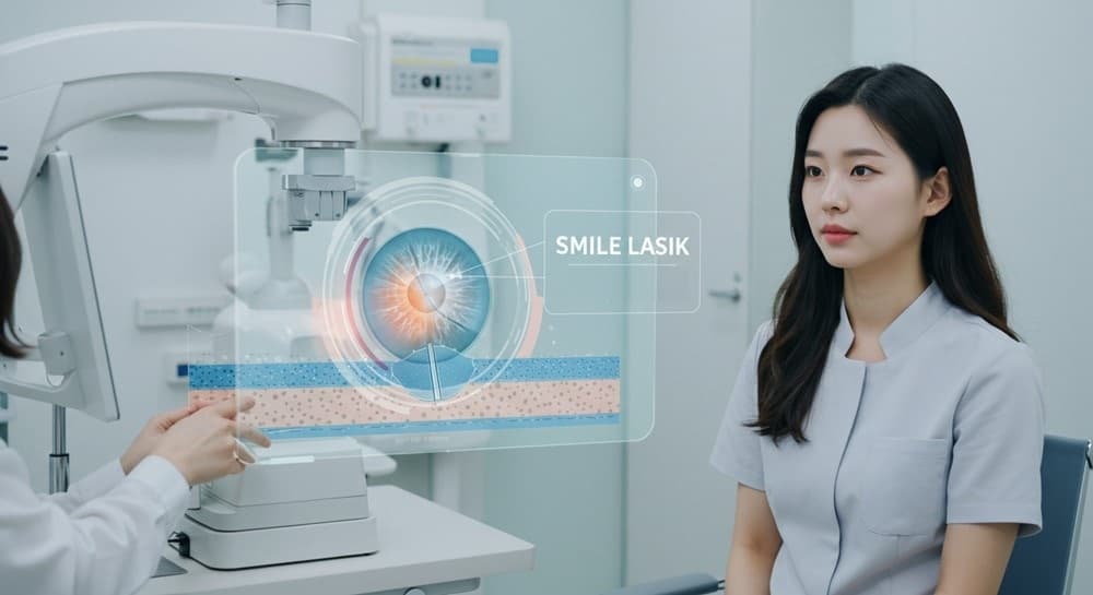 스마일라식 상담과 소절개 개념을 보여주는 사진형 이미지