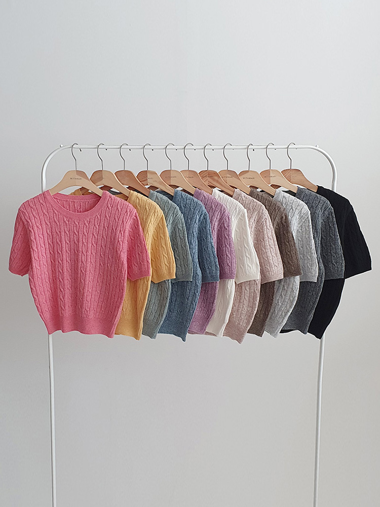 달달색감 램스울 크롭 꽈배기 반팔니트