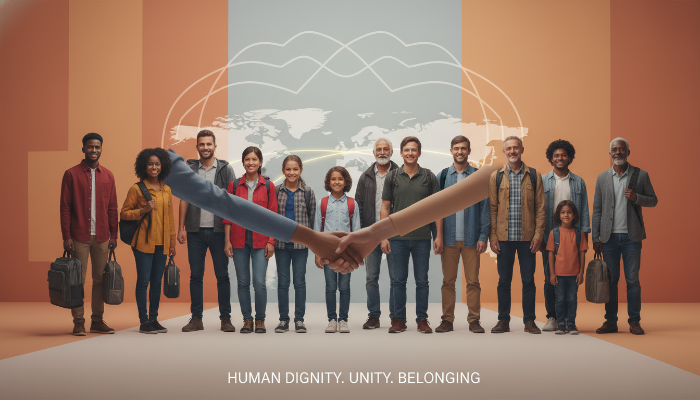 다양한 국적과 배경을 가진 사람들이 함께 어우러져 희망을 나누는 모습, 12월 18일 국제 이주자의 날의 의미를 담은 이미지.