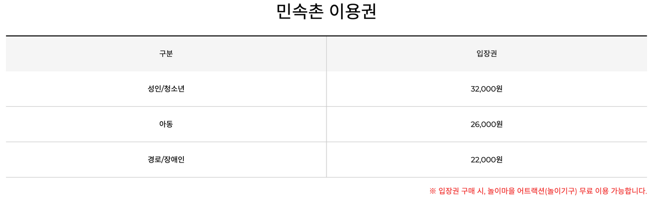 한국민속촌-요금표