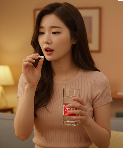 두통으로 타이레놀 먹는 모습