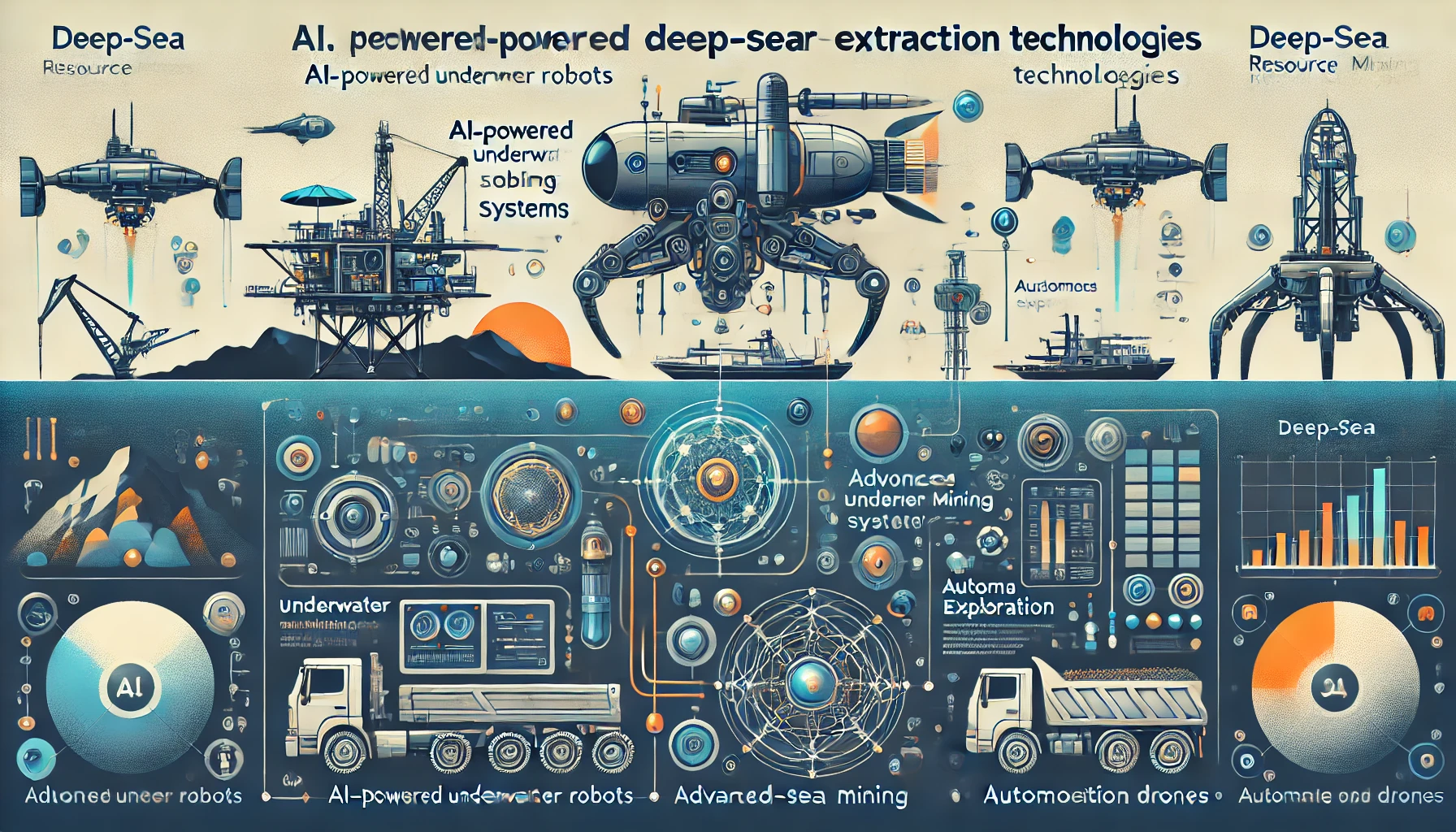 최신 심해자원 개발 기술 소개. AI 기반 탐사, 로봇 채굴 시스템 등 첨단 기술 시각화