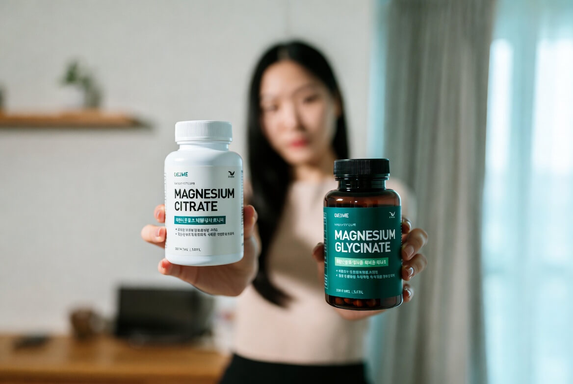 구연산마그네슘과 글리시네이트마그네슘 제품을 손에 들고 비교하는 모습