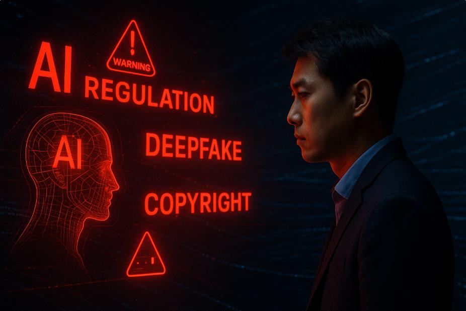 AI 규제·딥페이크·저작권 위험을 경고하는 장면