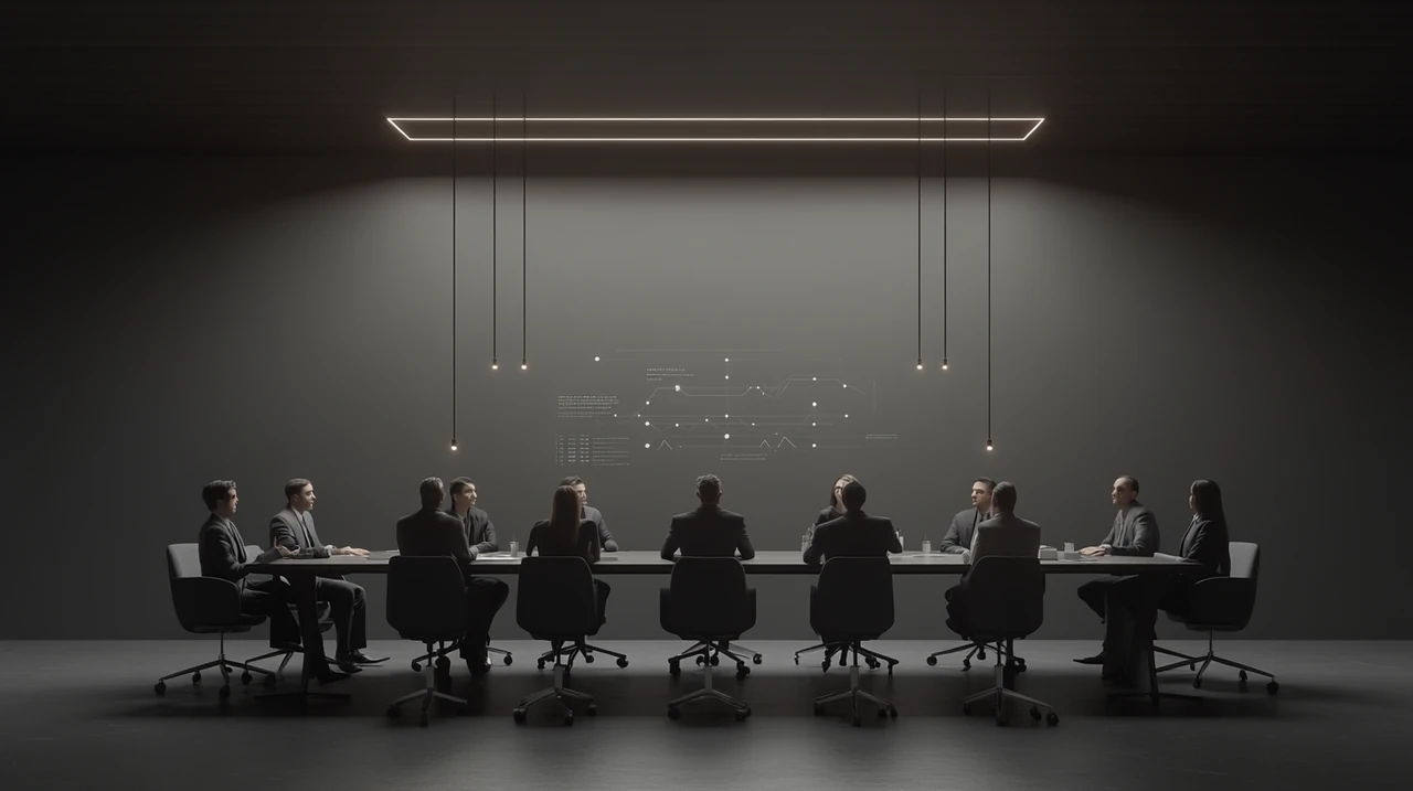 최신 AI 시각화를 활용하여 전문 그룹이 협력적이고 진취적인 환경에서 투자 전략을 논의합니다.