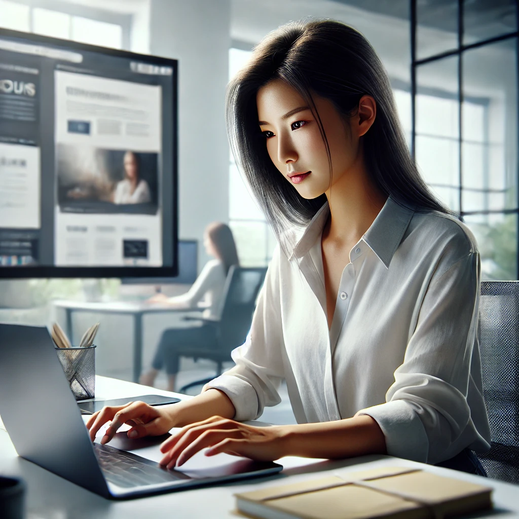 광고 사이트 제작 중인 전문적인 여성, AdSense를 활용한 수익 창출 전략 설명