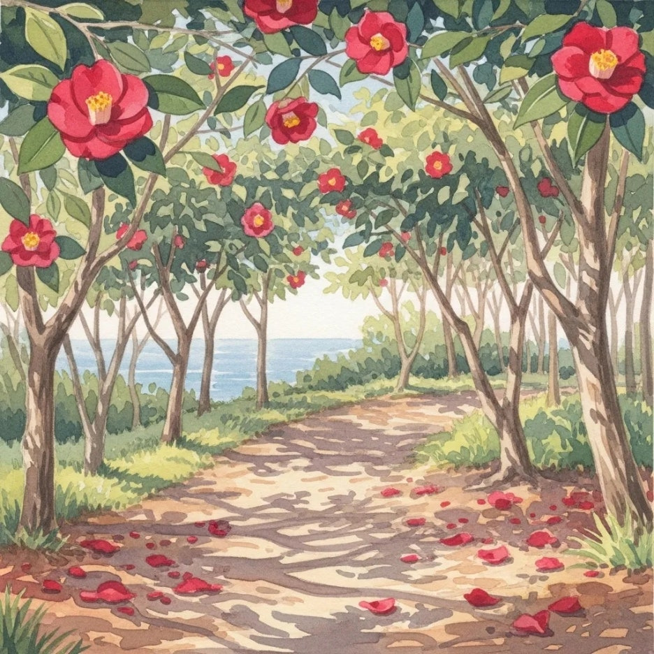 붉은 동백꽃이 만개한 아름다운 숲길