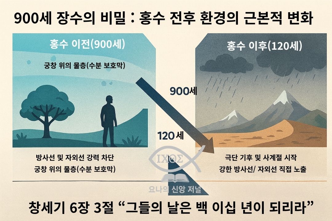 [창세기 인류 수명, 역사적 사실인가?] 홍수 이전의 보호막 환경이 제공한 생명 보존의 최적 상태와 홍수 이후 변화된 기후를 선포한다. 성경적 관점에서 인류 수명 변화의 실제를 나타낸다. 요나의 신앙 저널