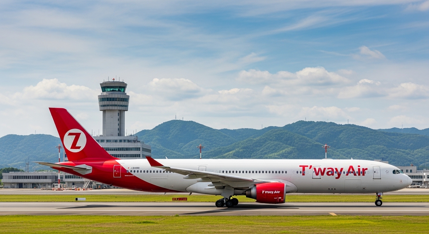 햇살 좋은 마쓰야마 공항 활주로에 착륙한 한국 항공사 직항 비행기 모습.