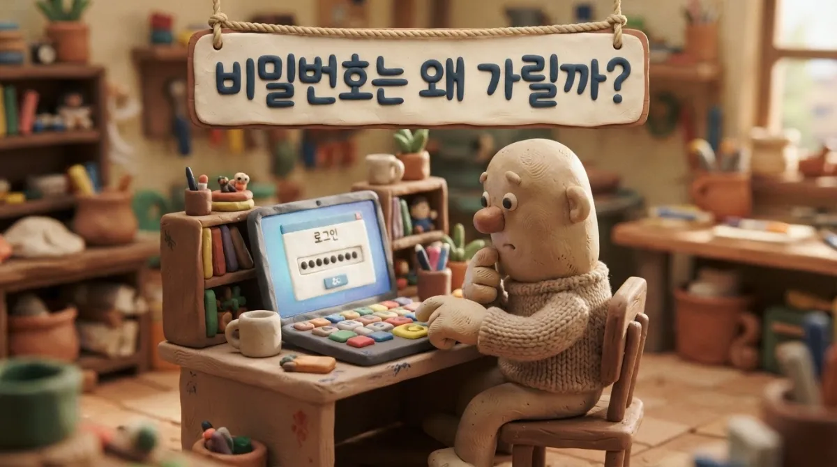 비밀번호 입력창에 별표와 검은 점이 마스킹 처리되어 가려진 클레이 스톱모션 캐릭터 시각적 이미지