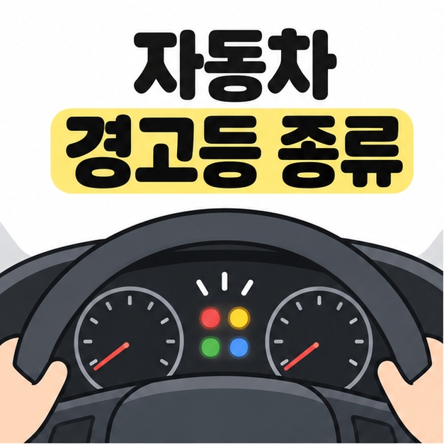 자동차 경고등 종류 제목 아래 운전대와 계기판의 빨강, 노랑, 초록, 파랑 상태 표시를 그린 삽화