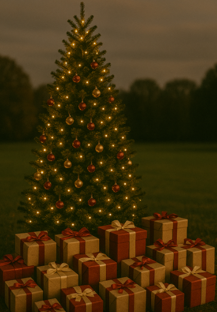 크리스마스트리 앞에 선물이 가득한 사진