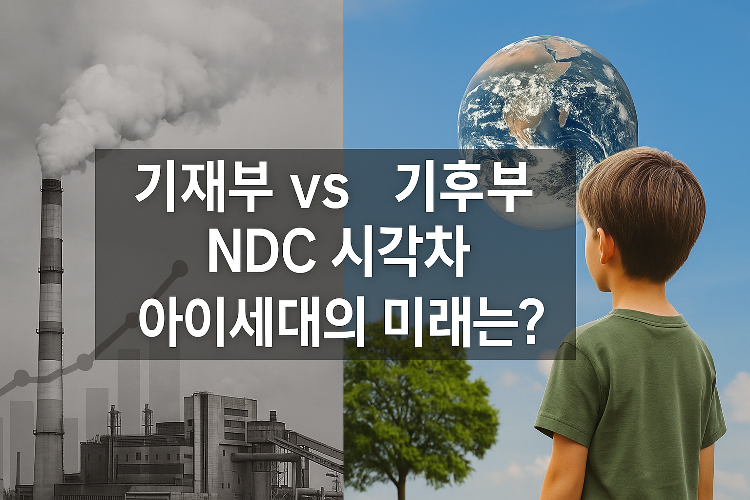 기재부와 기후부의 NDC 시각차를 상징하는 이미지 — 산업과 자연의 대비 속에서 아이세대의 미래를 표현한 블로그용 썸네일
