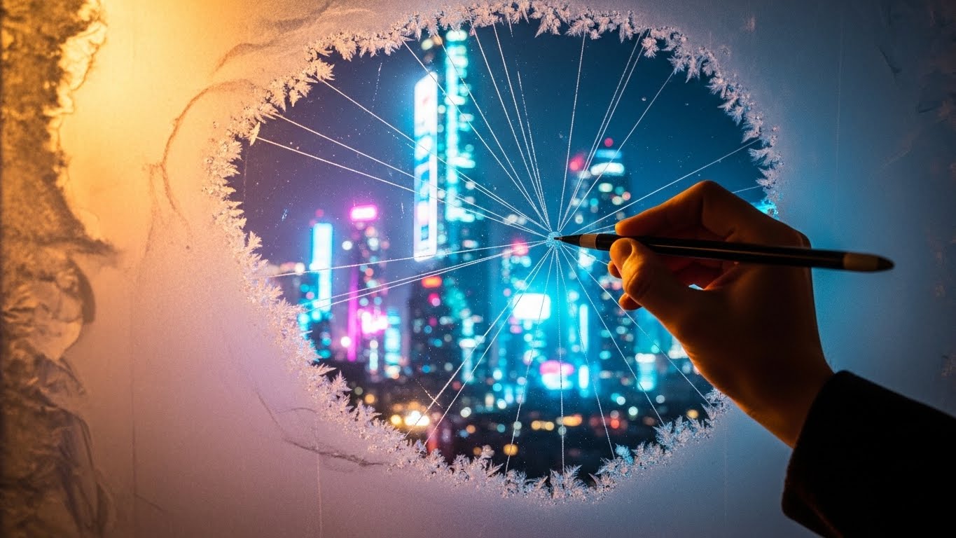 고요한 내면의 공간에서 외부 세상을 향한 새로운 비즈니스 시나리오를 구상하는 모습