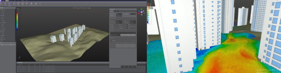 NFLOW SPH 전처리 과정 및 도심 내 침수 면적 파악을 위한 유동 해석 결과 이미지