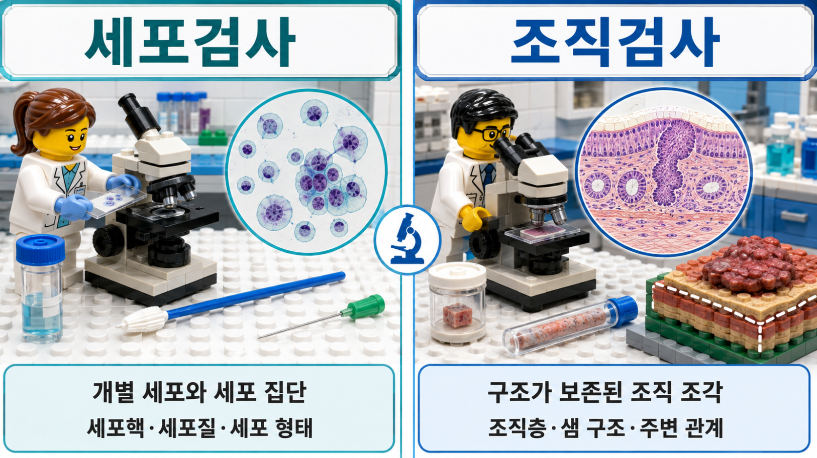 세포검사와 조직검사의 검체 형태와 현미경 관찰 정보를 비교한 병리검사 인포그래픽