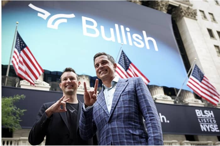 Bullish Chairman Brendan Blumer, left, and CEO Tom Farley at the New York Stock Exchange on Wednesday. Photo: brendan mcdermid/Reuters