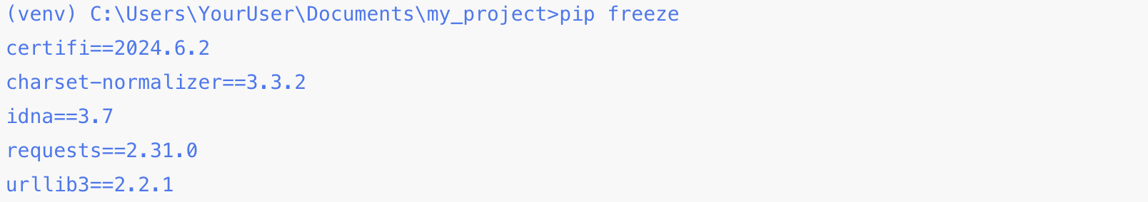 파이썬 가상환경에 설치된 패키지 예시