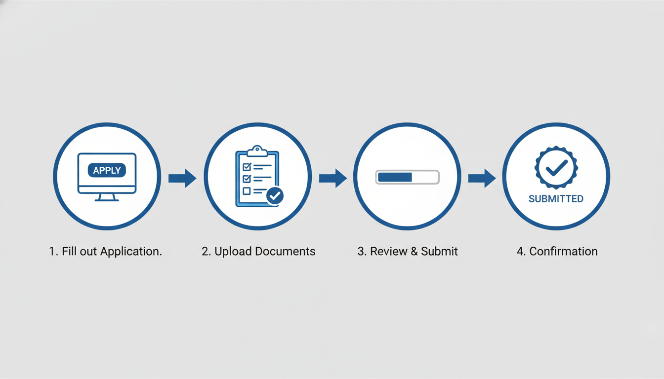 컴퓨터 화면, 체크리스트, 진행률 바, 제출 확인 아이콘으로 온라인 신청 과정을 단계별로 보여주는 현대적인 인포그래픽. 쉽고 명확한 신청 절차를 상징합니다.