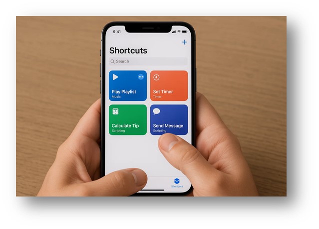 스마트폰에서 아이폰 단축어를 설정하고 사용하는 모습