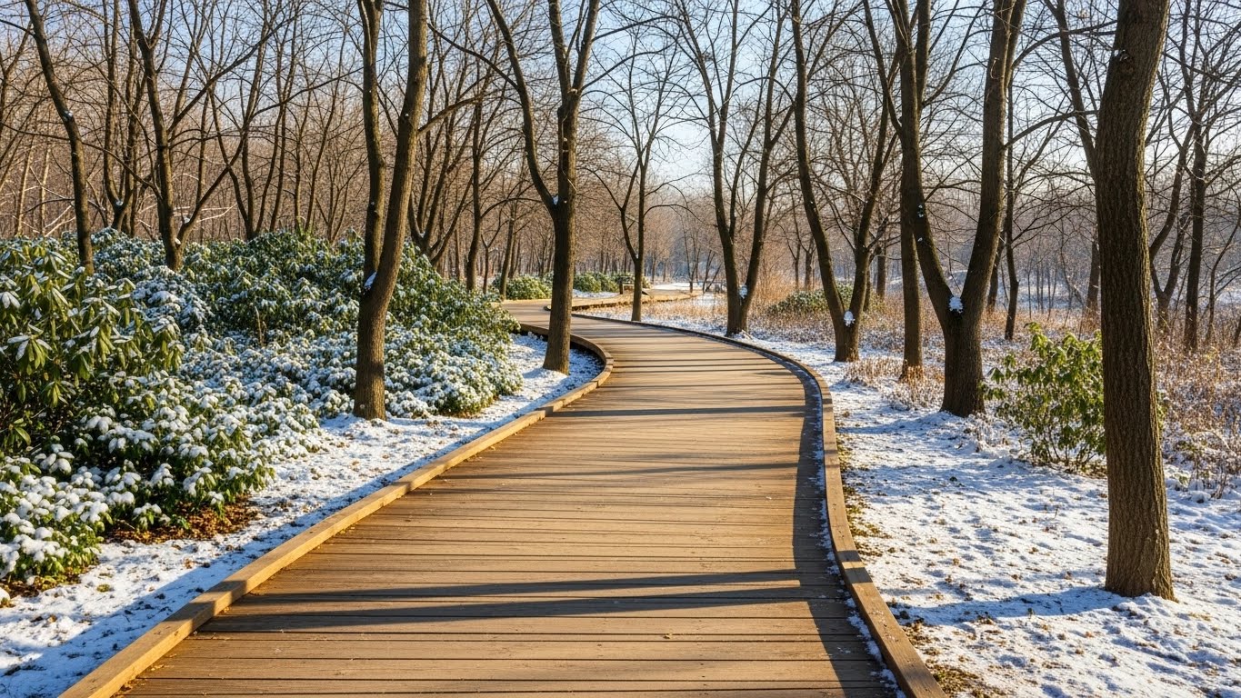 어르신도 편안하게 걸을 수 있도록 잘 조성된 평탄한 나무 데크길 풍경